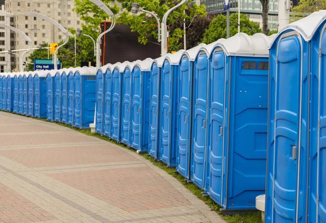 portable restrooms lined up at a marathon, ensuring runners can take a much-needed bathroom break in Eden Prairie